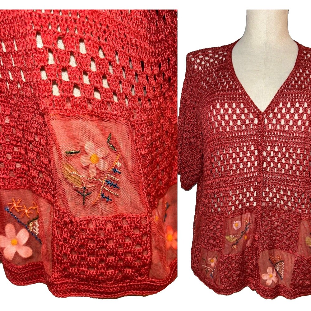 TEDDI Vintage Women’s Crochet Cardigan Sweater size 1X Flower Applique Detail